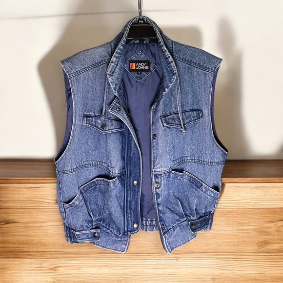 Andy Johns Denim Vest Mens Medium Utility Multi Pocket Sleeveless Jacket Retro - Picture 1 of 12